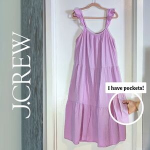 J. Crew Ruffle-Straps Maxi Lilac Pink Gauze Tiered Dress with Pockets Sz XL